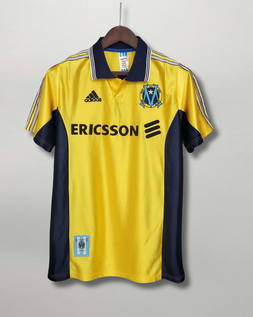 Vista frontale maglia Olympique Marsiglia 1998/99 away con colletto polo bianco