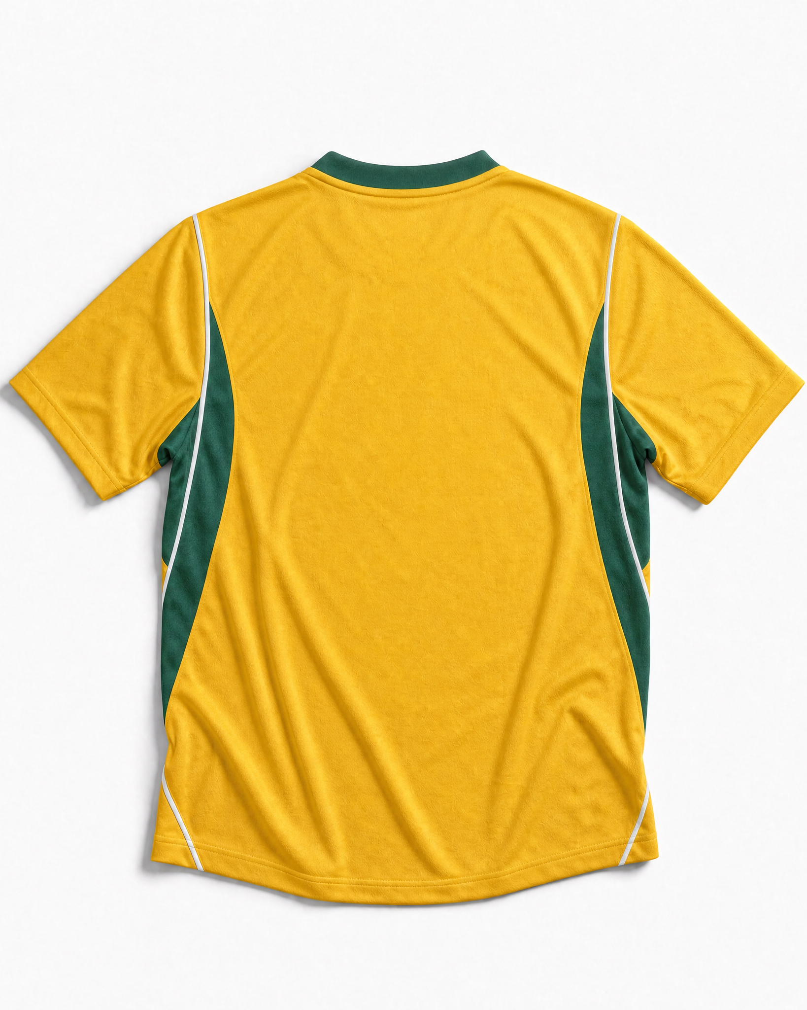 Vista posteriore della prima divisa australiana 2026 gialla e verde con colletto bicolore sportivo
