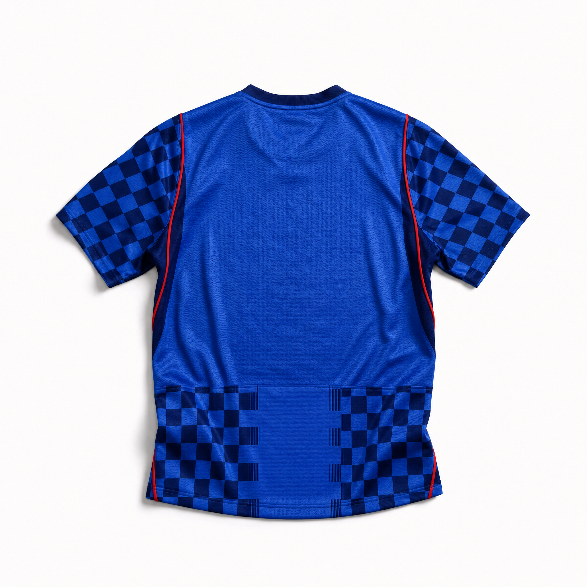 Vista posteriore della seconda divisa croata 2026 blu con trame geometriche all-over e tessuto traspirante