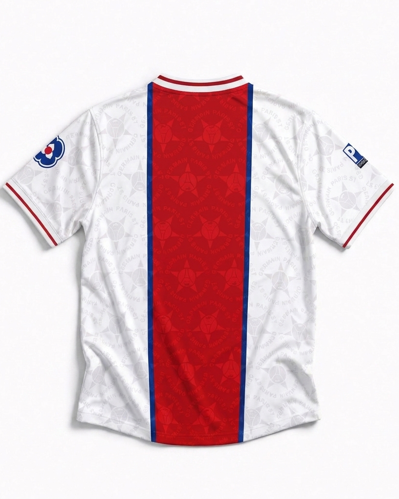 Vista posteriore della seconda divisa del Paris Saint-Germain 1995/96 con fascia verticale rossa sul retro