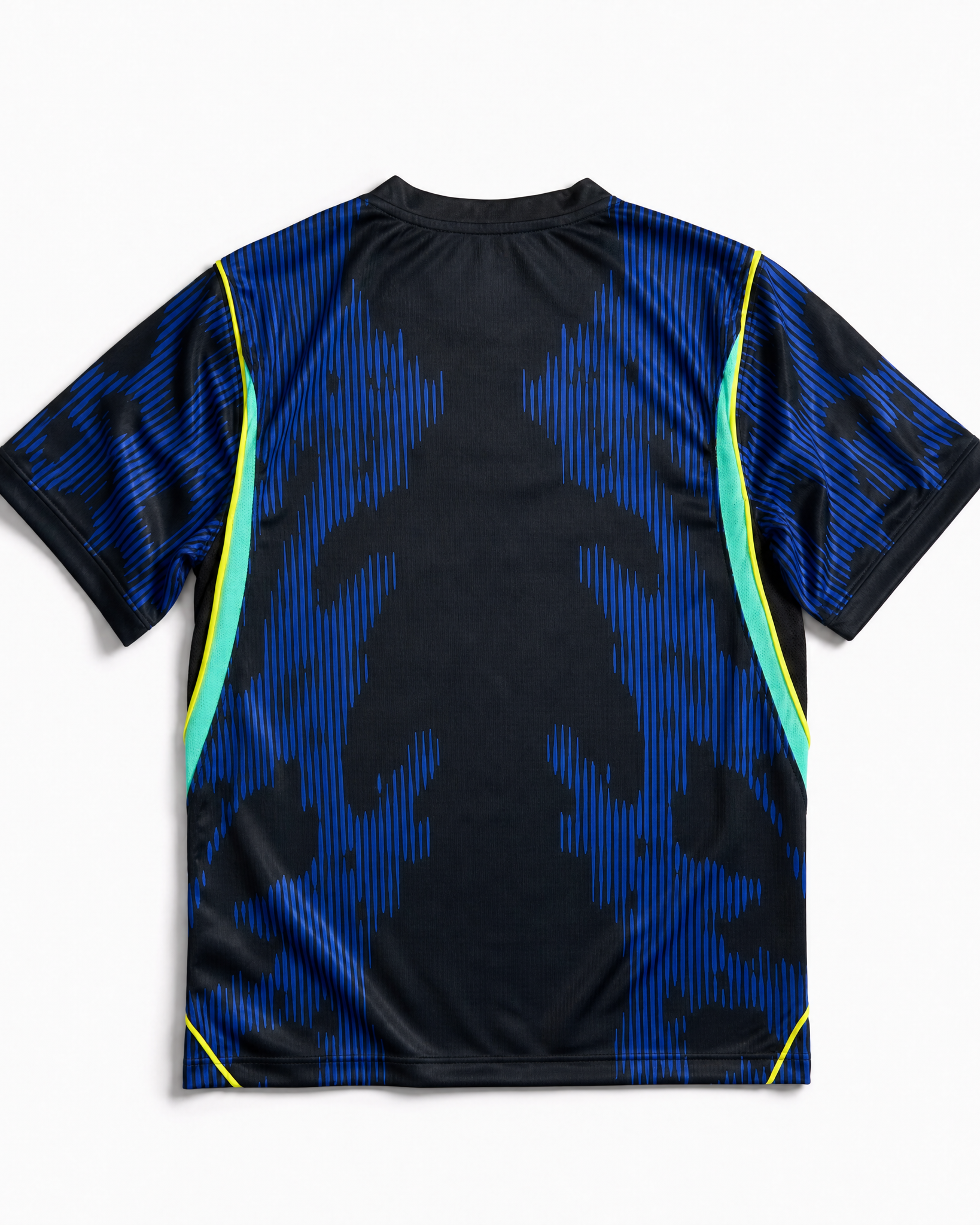 Vista posteriore maglia blu da trasferta della nazionale brasiliana 2026 con motivo grafico dinamico