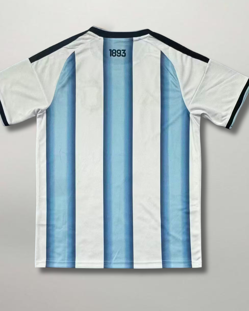 Vista posteriore prima divisa argentina 2026 a strisce verticali con colletto bicolore