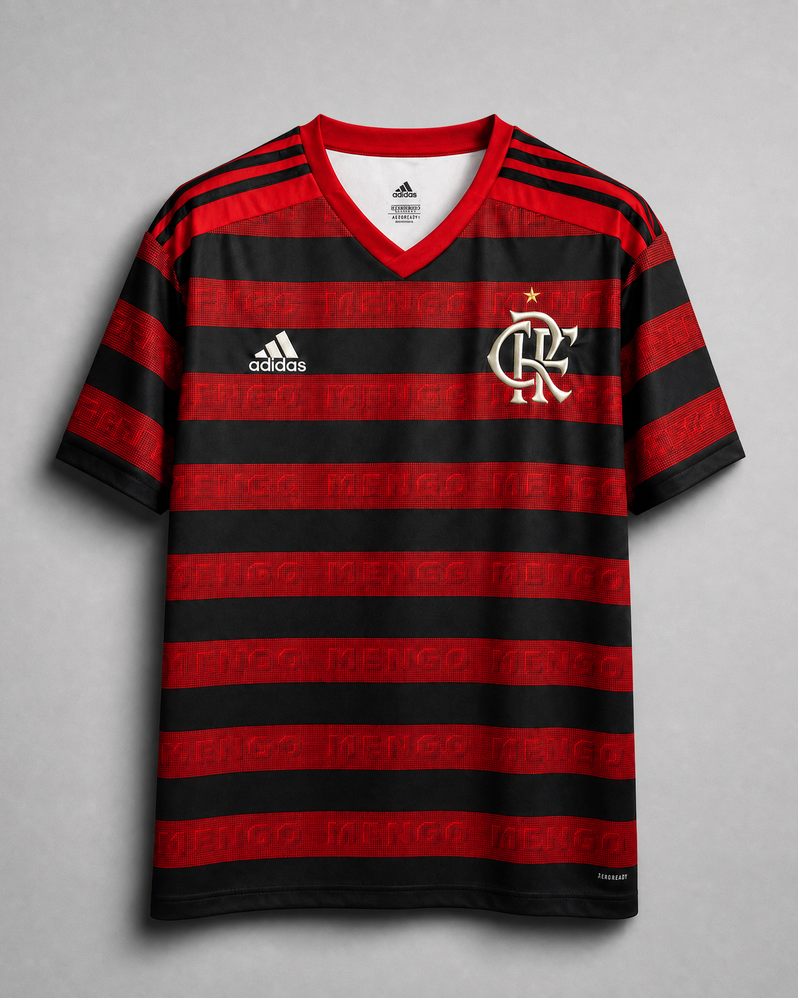Dettaglio frontale Flamengo jersey 2018/19 con bande orizzontali sottili