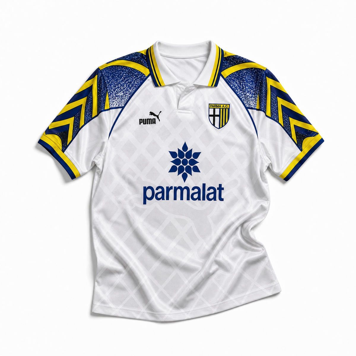 Vista frontale maglia Parma 1995/96 away con pattern geometrico anni 90