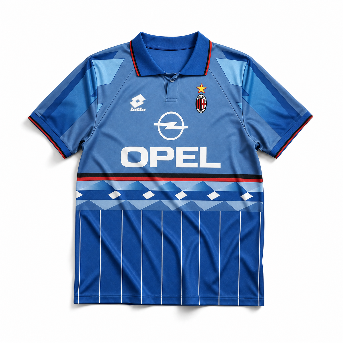 kit vintage blu Milan 1995/96 con colletto a polo e trame verticali.