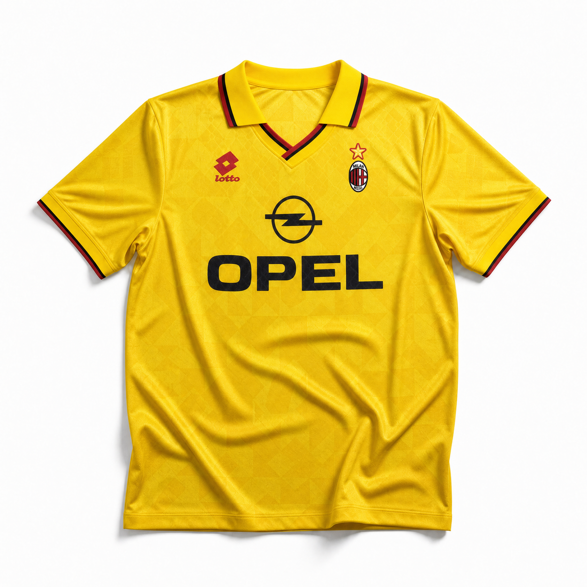 Fronte maglia gialla Milan 1995/96 con colletto a polo e dettagli rossi e neri.