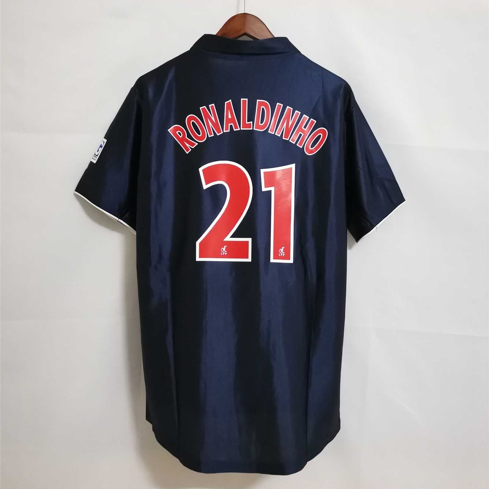 Maglia PSG 2001/02 Ronaldinho numero 21 retro blu con nome stampato