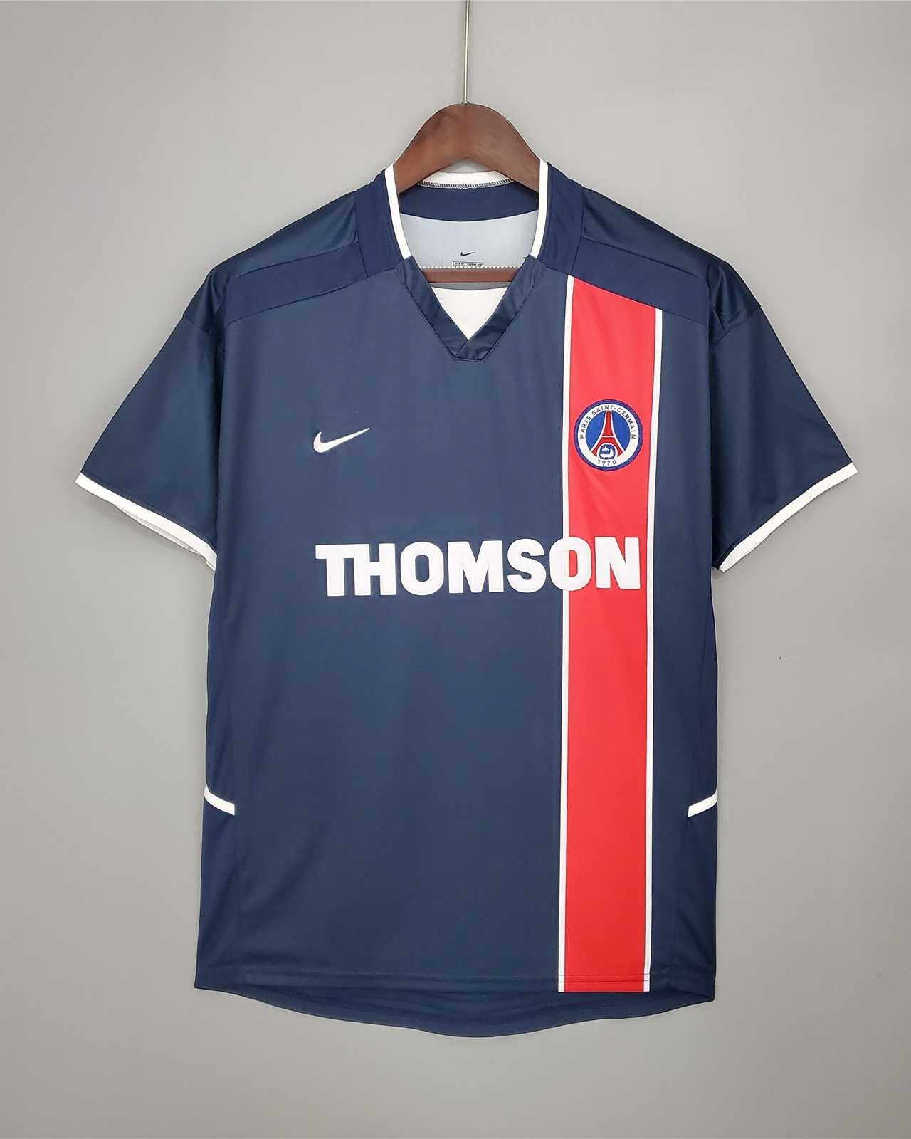 Maglia PSG 2002/03 fronte blu con banda rossa e sponsor Thomson