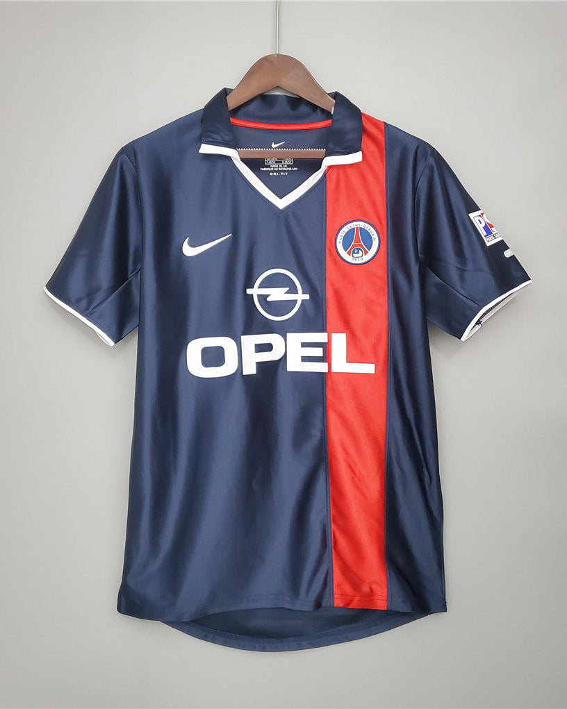 Maglia PSG home 2001/02 fronte blu con banda rossa sponsor Opel
