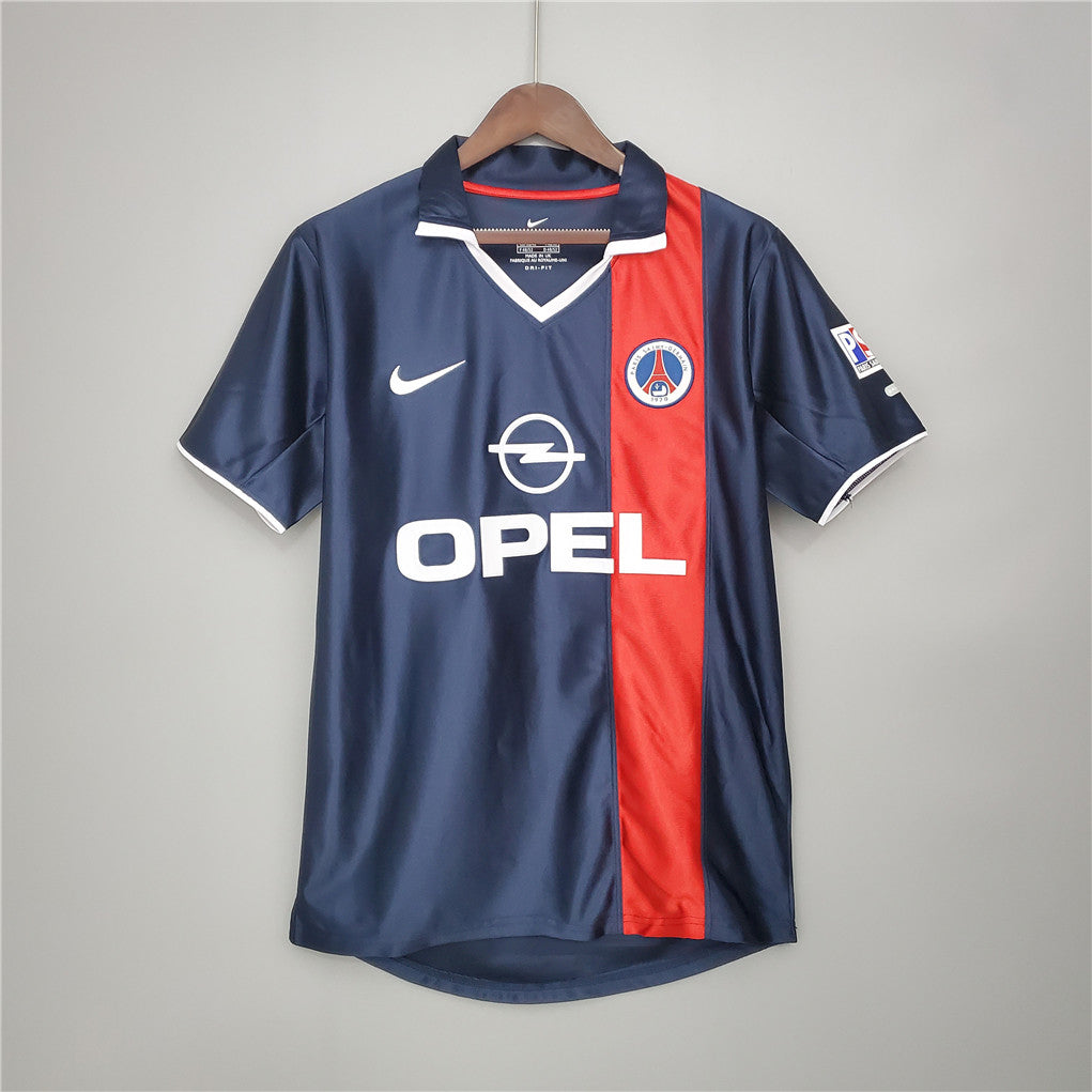 Maglia PSG home 2001/02 fronte blu con banda rossa sponsor Opel