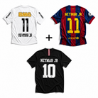 Achterkant van de Neymar Jr-shirts: Santos thuisshirt 2012/13, FC Barcelona thuisshirt Champions League-finale 2014/15 en PSG Black 2018/19