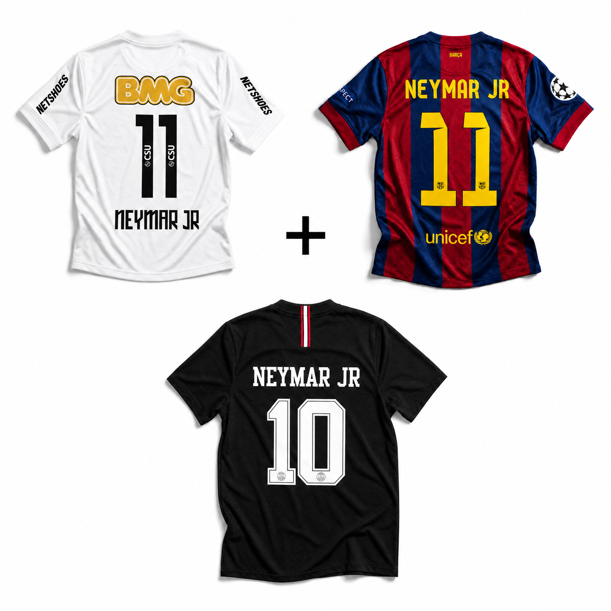 Rückseite der Neymar-Jr-Trikots: Santos Heimtrikot 2012/13, FC Barcelona Heimtrikot Champions-League-Finale 2014/15 und PSG Black 2018/19