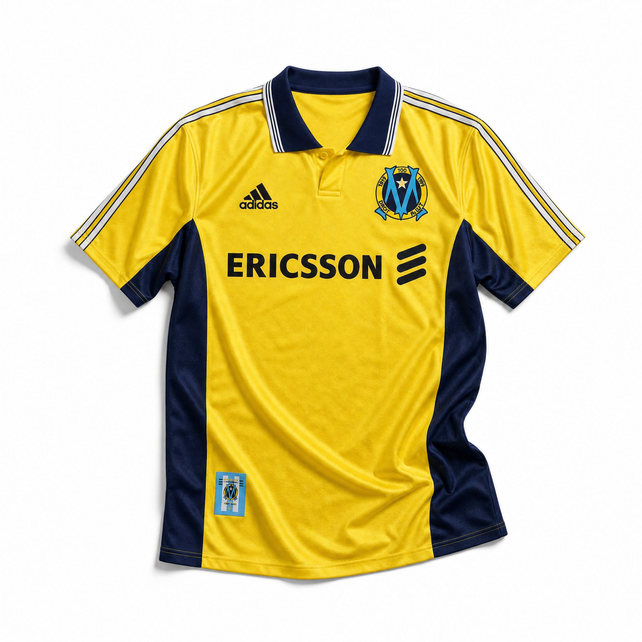 Vista frontale maglia Olympique Marsiglia 1998/99 away con colletto polo bianco