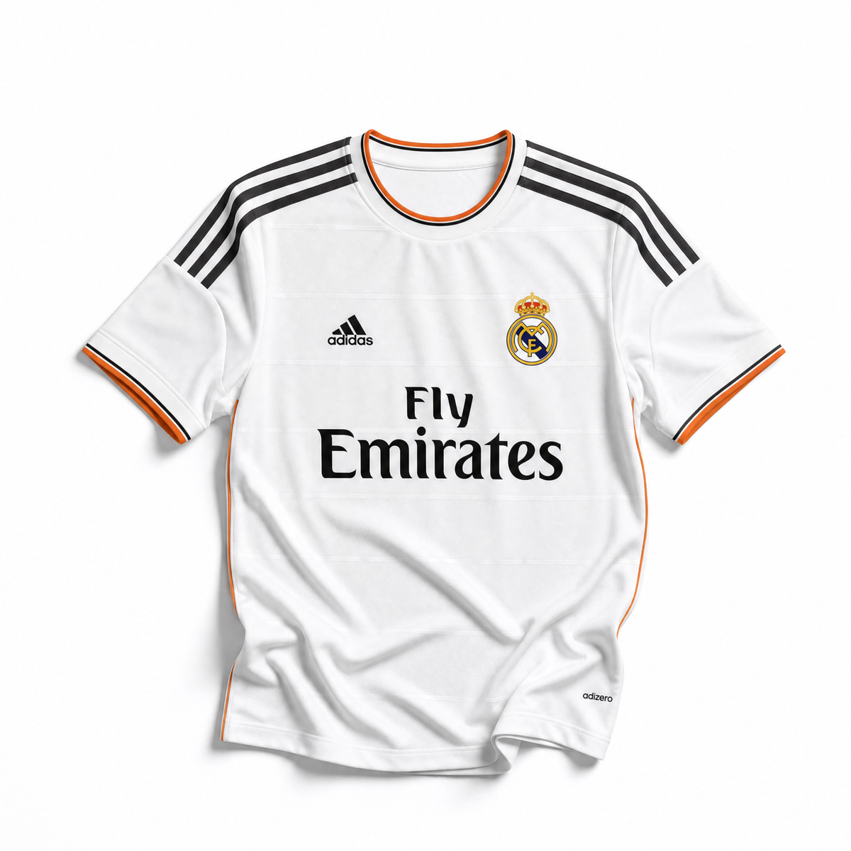 Maglia Real Madrid 2013/14 home bianca dettagli arancioni vista frontale