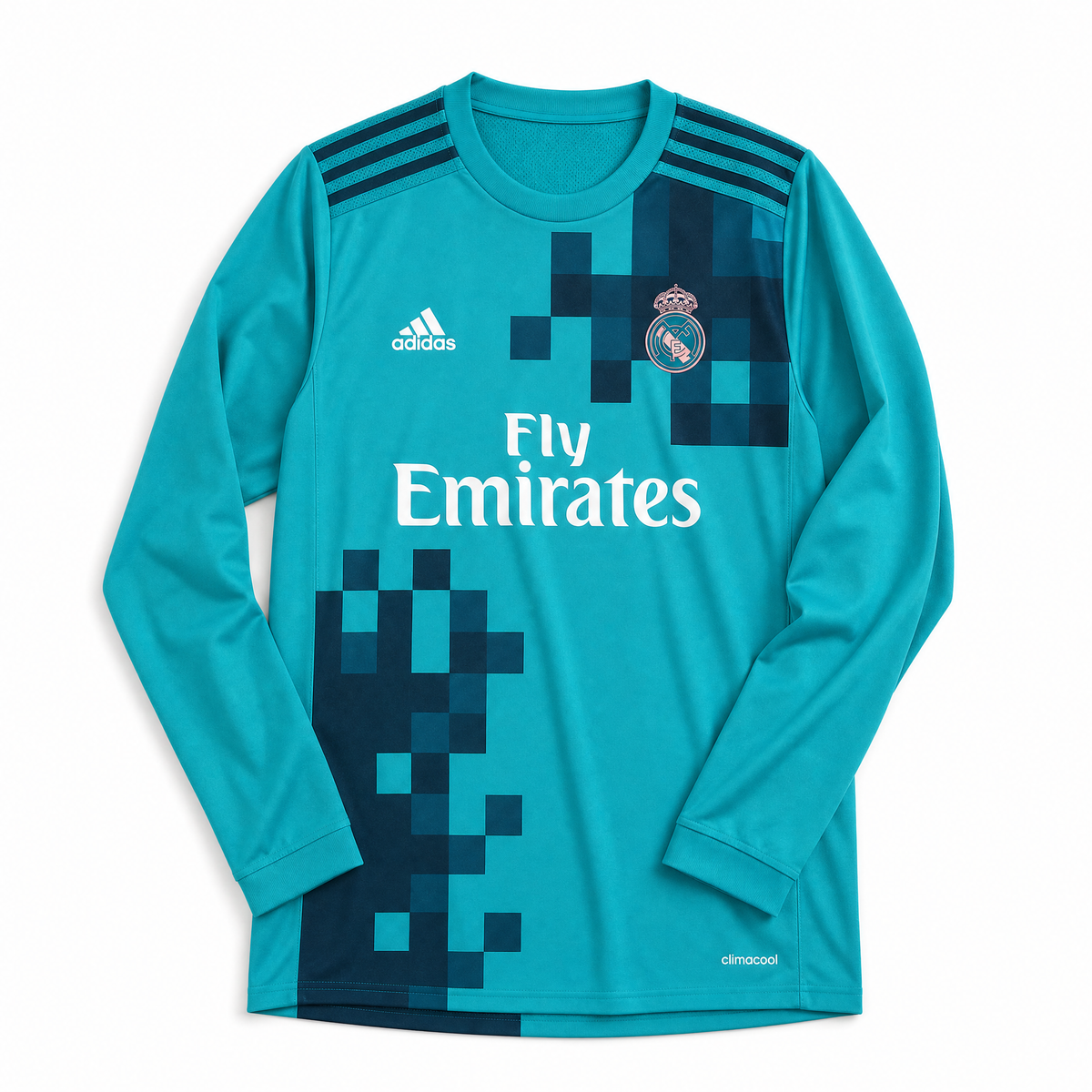 Maglia Real Madrid Third 2017/18 a maniche lunghe color turchese con grafica a pixel blu scuro.