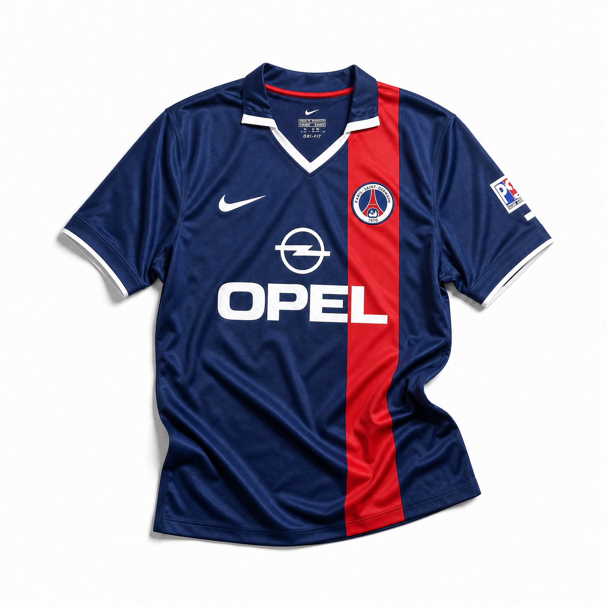 Maglia PSG home 2001/02 fronte blu con banda rossa sponsor Opel