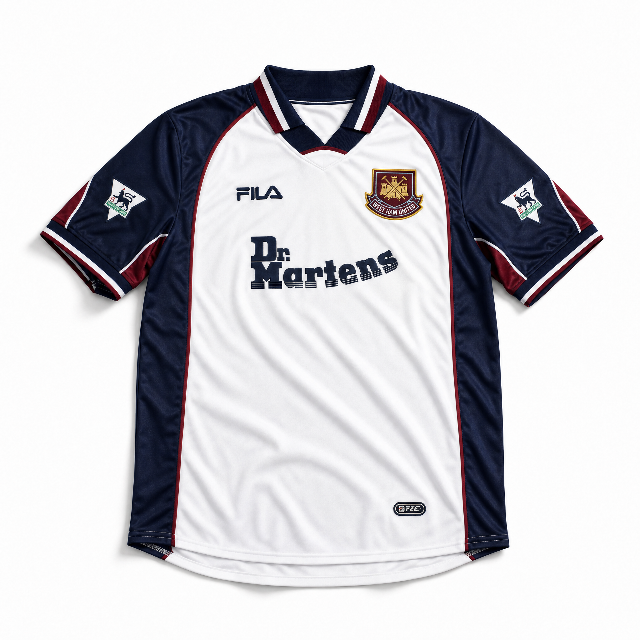 Maglia West Ham 1999/00 away bianca con dettagli granata e blu vista frontale