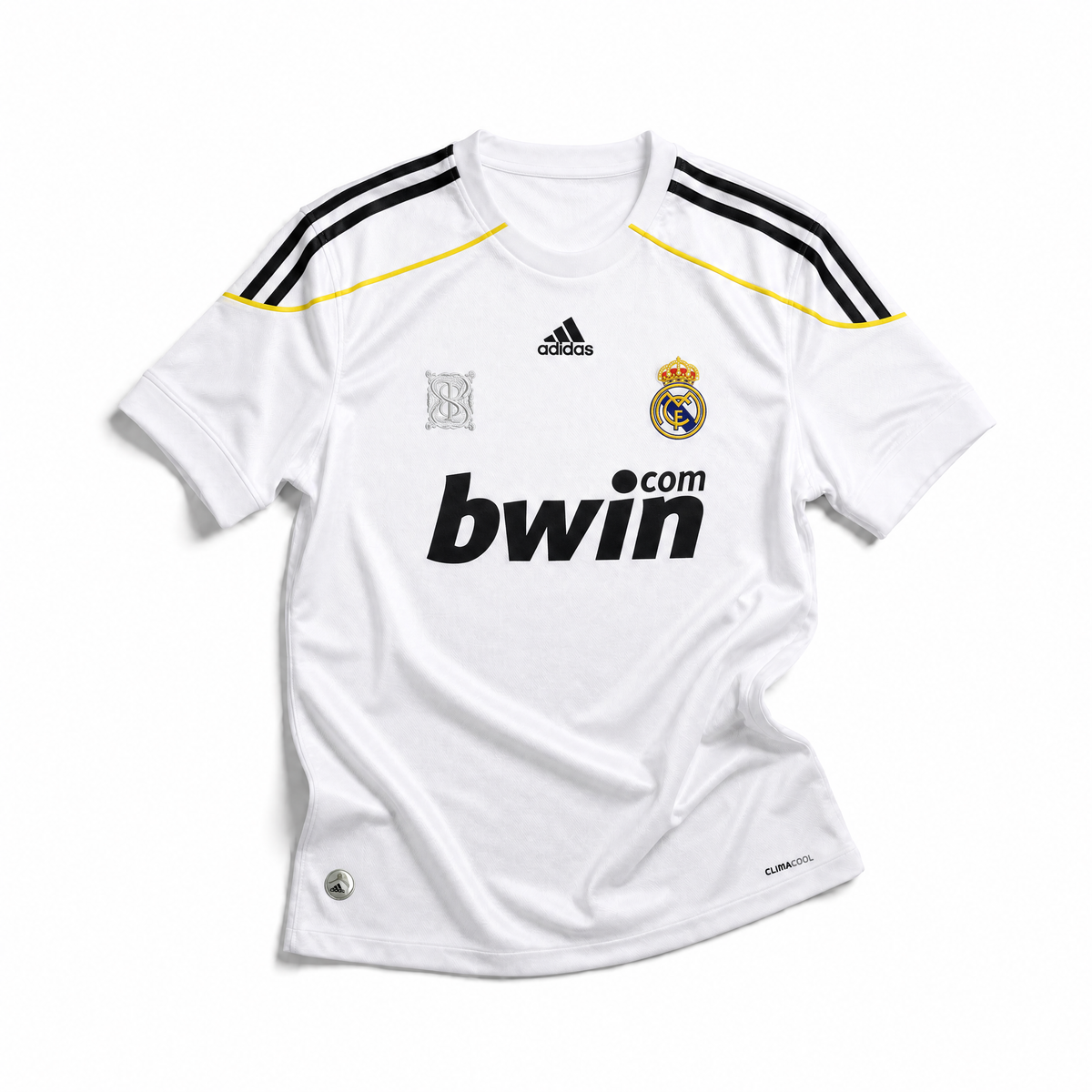 Maglia Real Madrid 2009/10 home bianca vista frontale con sponsor Bwin