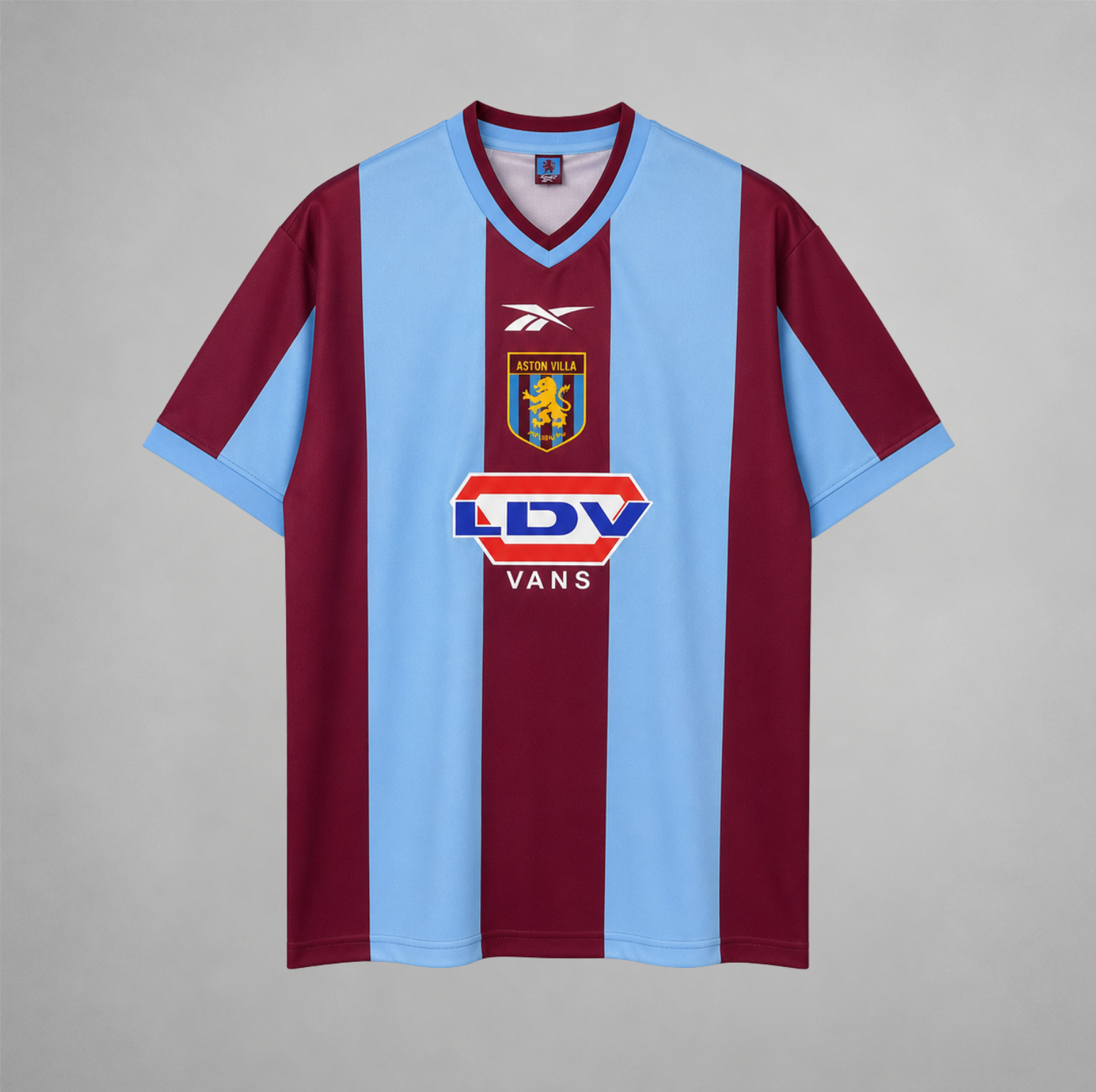 Aston Villa maglia home 1999/00 con strisce bordeaux e azzurre