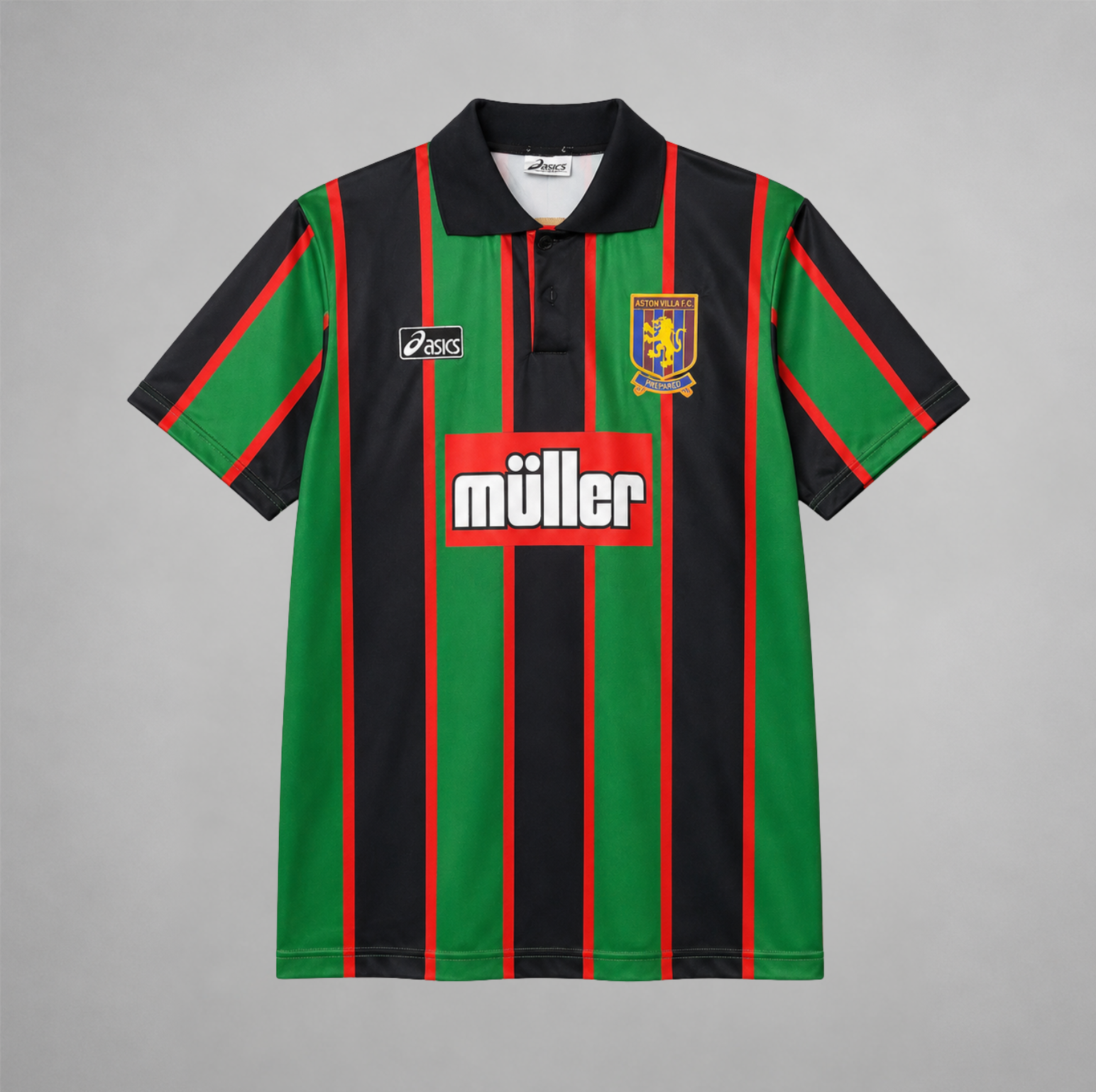 Aston Villa maglia away 1993/95 con strisce verdi nere e rosse