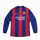 Maglia Barcellona 2014/15 maniche lunghe fronte con strisce rosso blu e sponsor Qatar Airways
