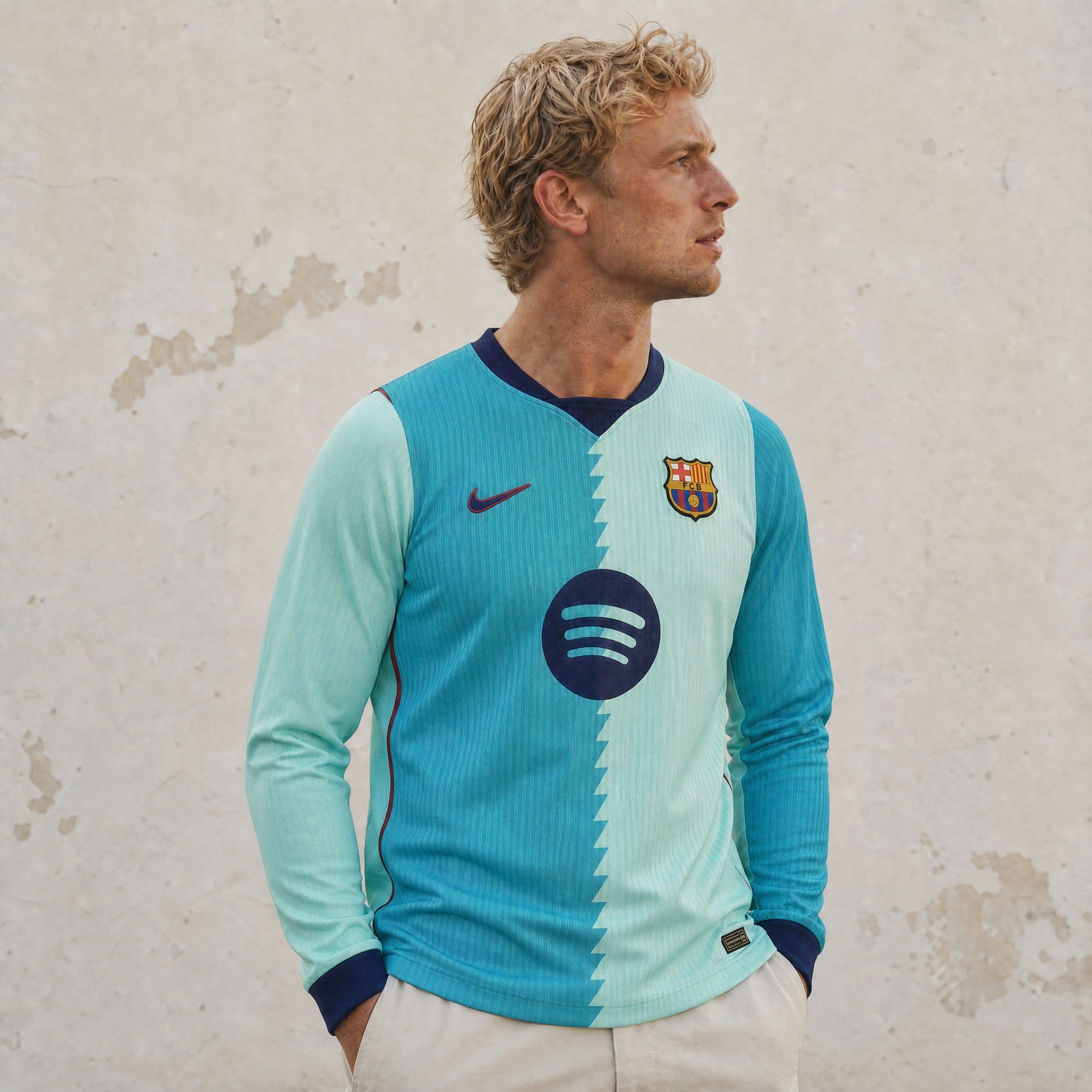 Maglia third manica lunga Barcellona 2026/27 vista frontale design bicolore azzurro