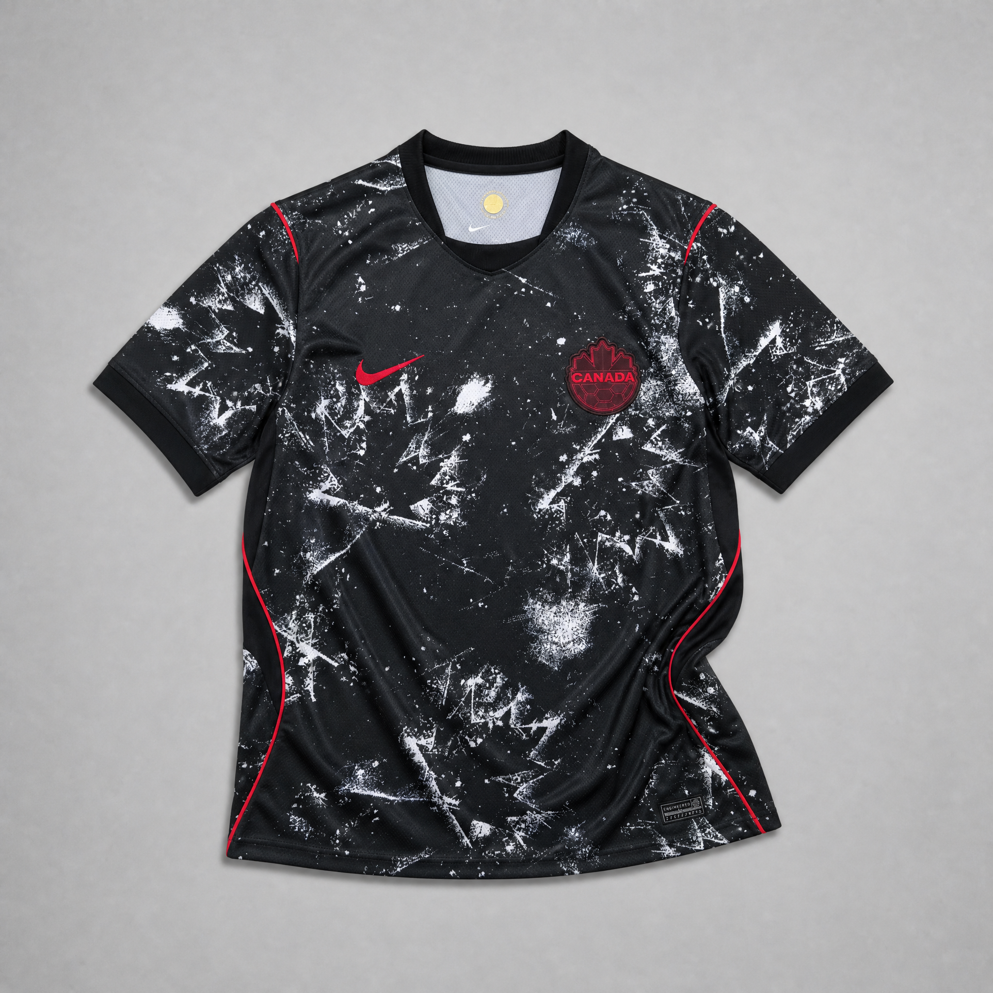 Maglia Canada Away 2026 World Cup nera vista frontale pattern astratto spray