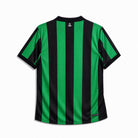 Frontale jersey Celtic away con bande verticali verdi e nere
