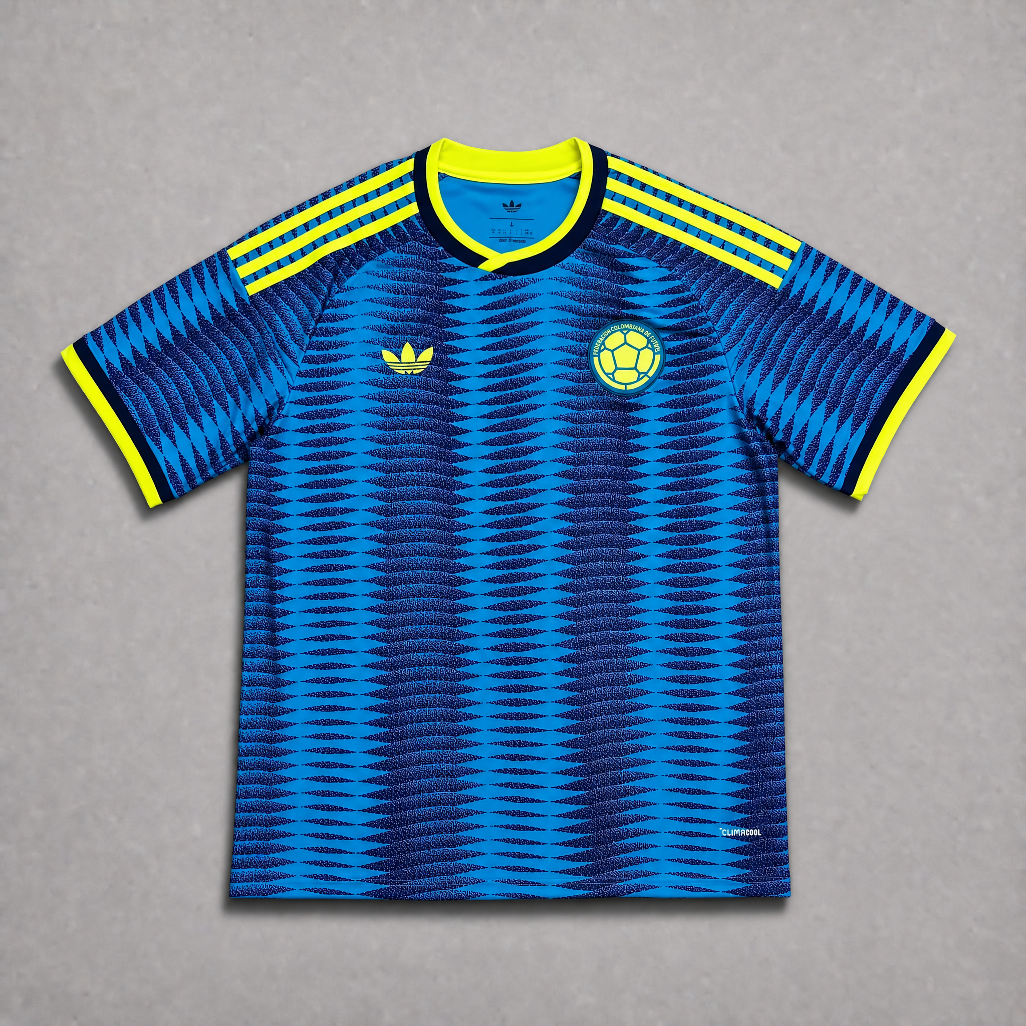 Colombia maglia away 2026 World Cup celeste vista frontale design moderno nazionale