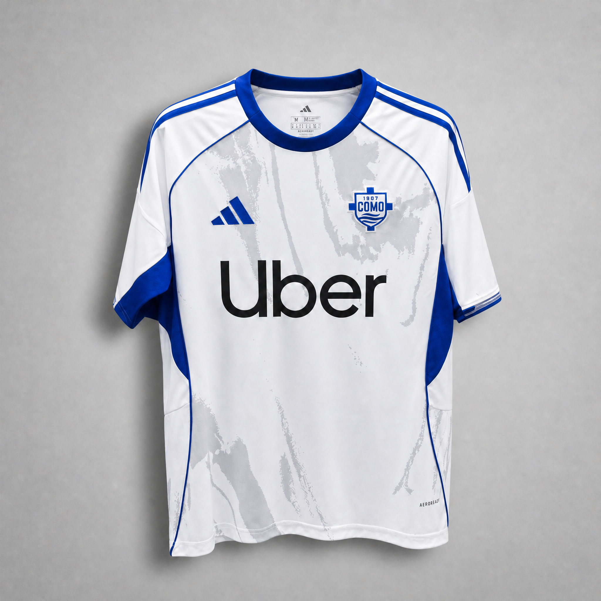 Como 1907 maglia away 2025/26 bianca con dettagli blu
