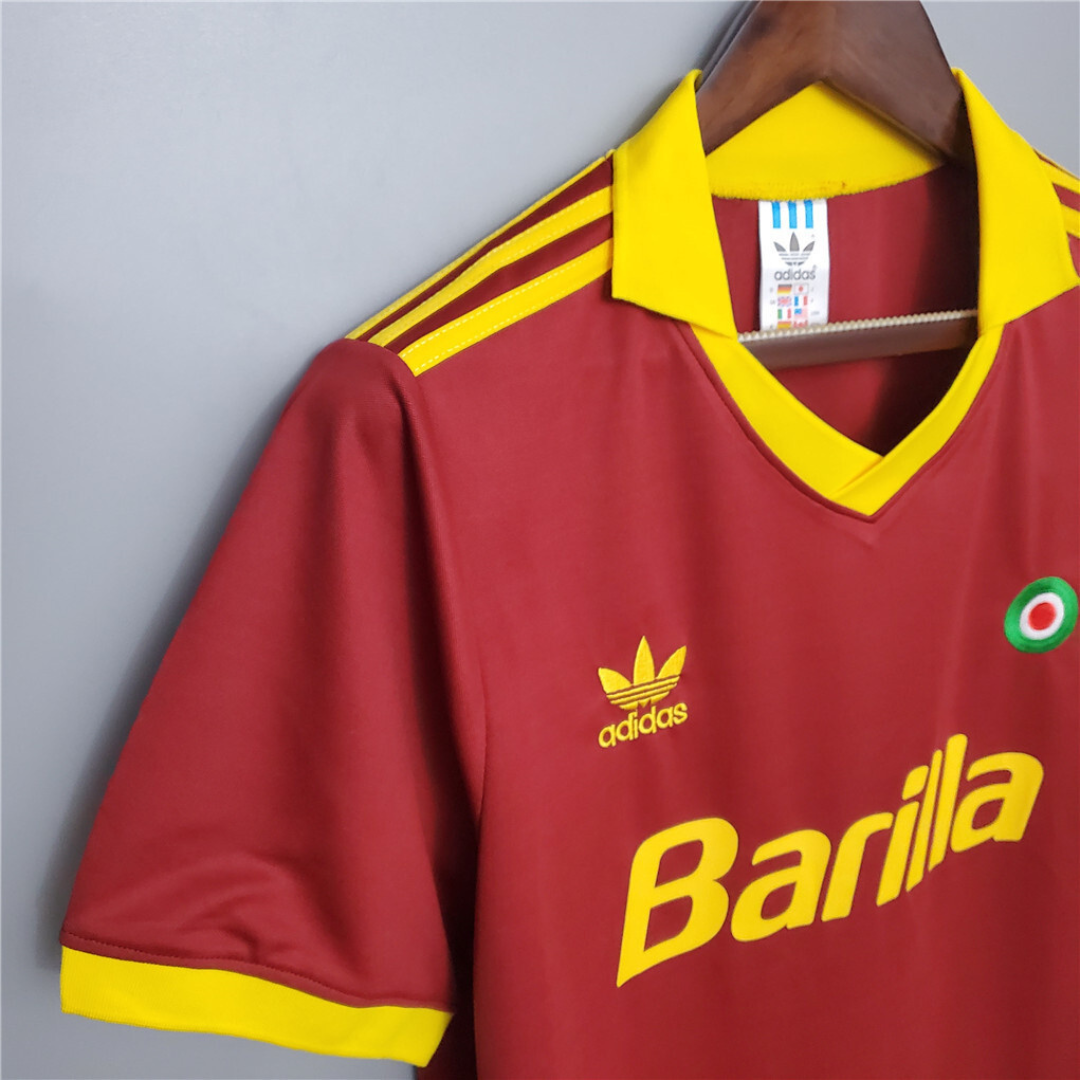 Dettaglio colletto e sponsor Barilla su maglia Roma vintage 1991/92