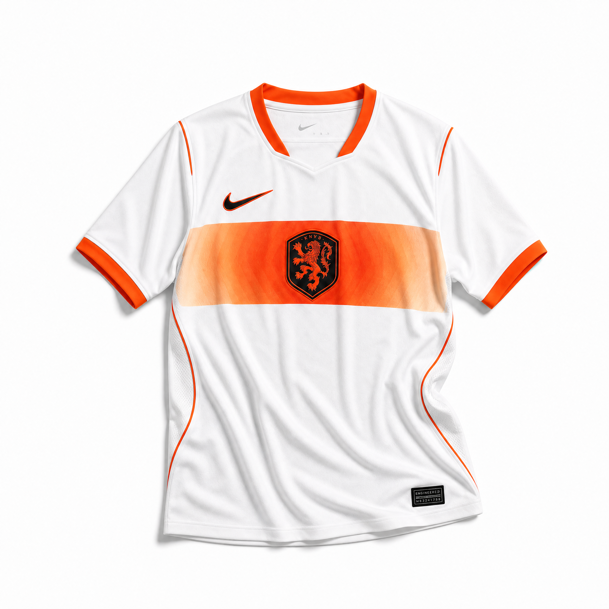 Fronte della maglia away dell'Olanda 2026 chiara con fascia orizzontale arancione sul petto e stemma del leone