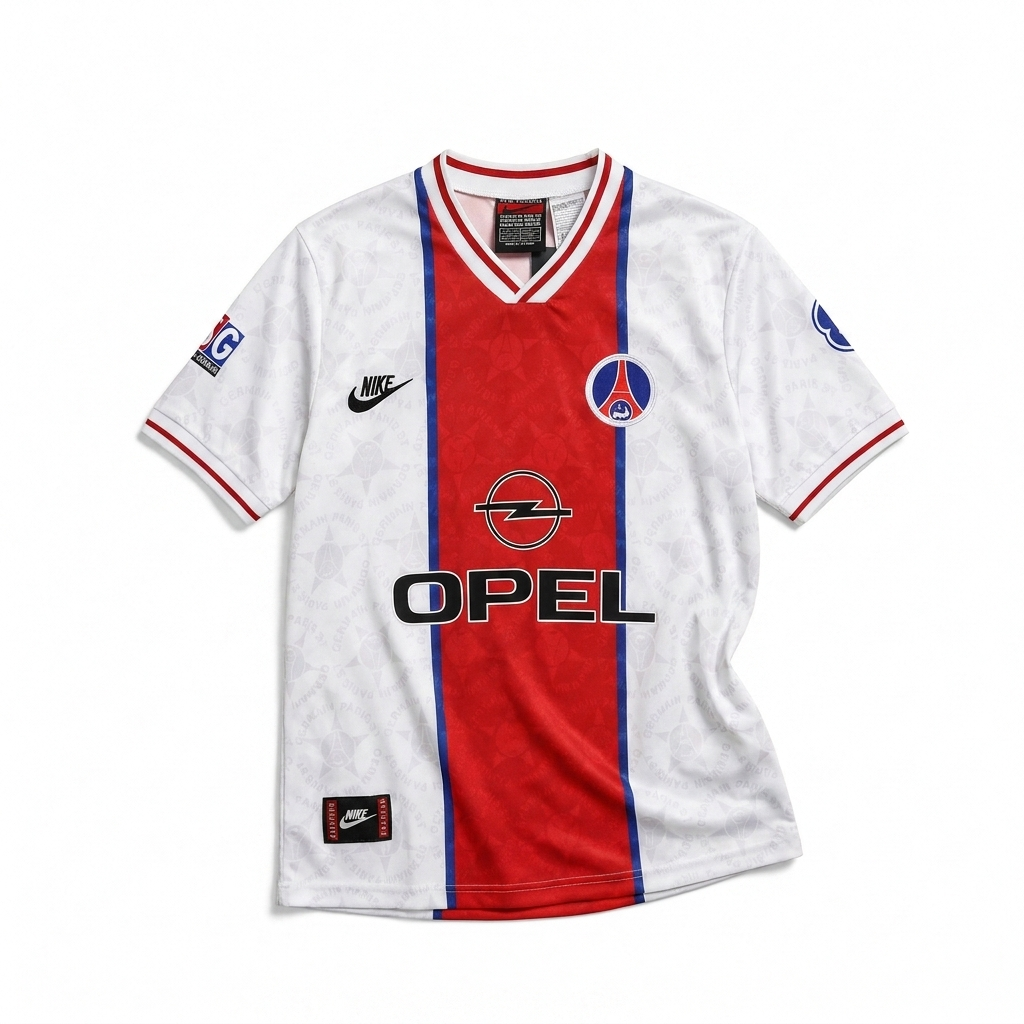 Fronte della maglia away del PSG 1995/96 bianca con banda centrale rossa e sponsor Opel sul petto