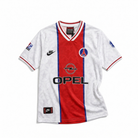 Fronte della maglia away del PSG 1995/96 bianca con banda centrale rossa e sponsor Opel sul petto
