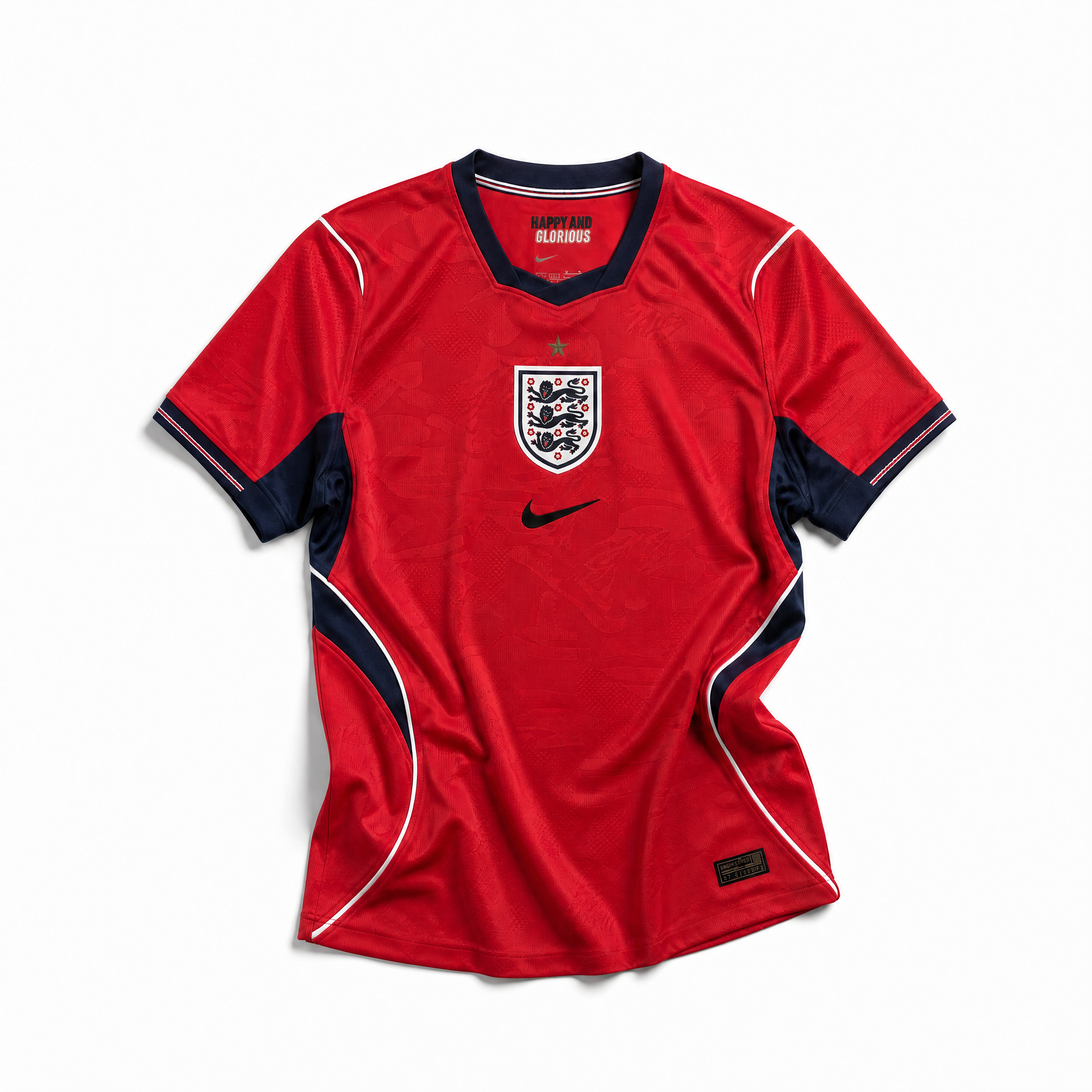 Fronte della maglia away dell'Inghilterra 2026 scura con dettagli geometrici colorati sui fianchi e stemma ricamato