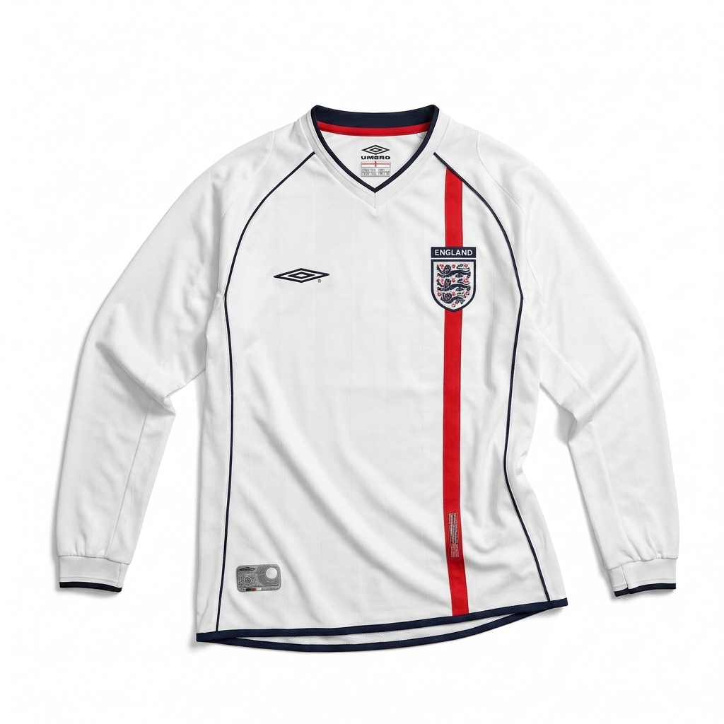 Fronte della maglia home a manica lunga dell'Inghilterra 2002 bianca con striscia verticale rossa e stemma Three Lions