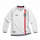 Fronte della maglia home a manica lunga dell'Inghilterra 2002 bianca con striscia verticale rossa e stemma Three Lions
