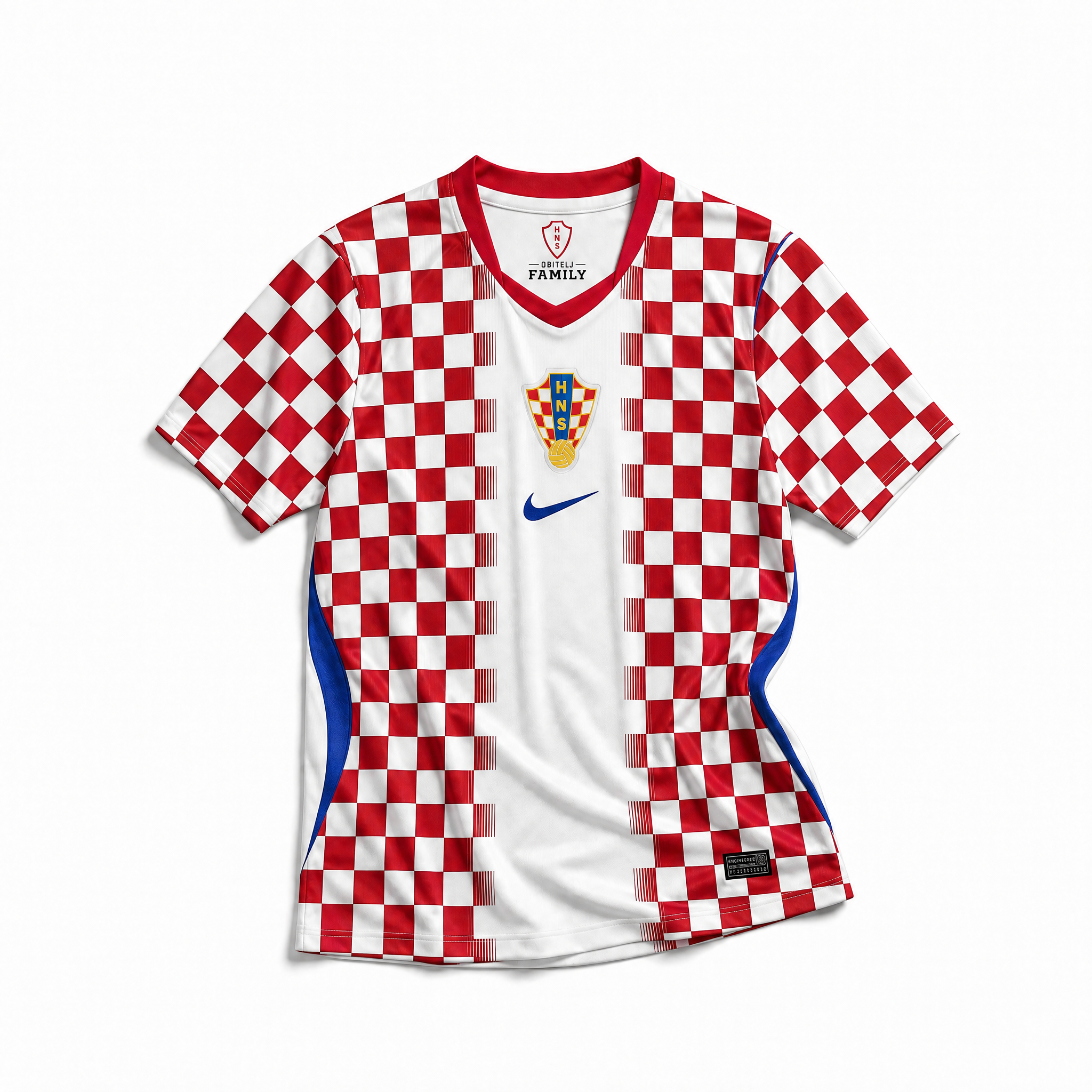 Fronte della maglia home della Croazia 2026 con l'iconico pattern a scacchiera rossa e bianca e stemma sul petto