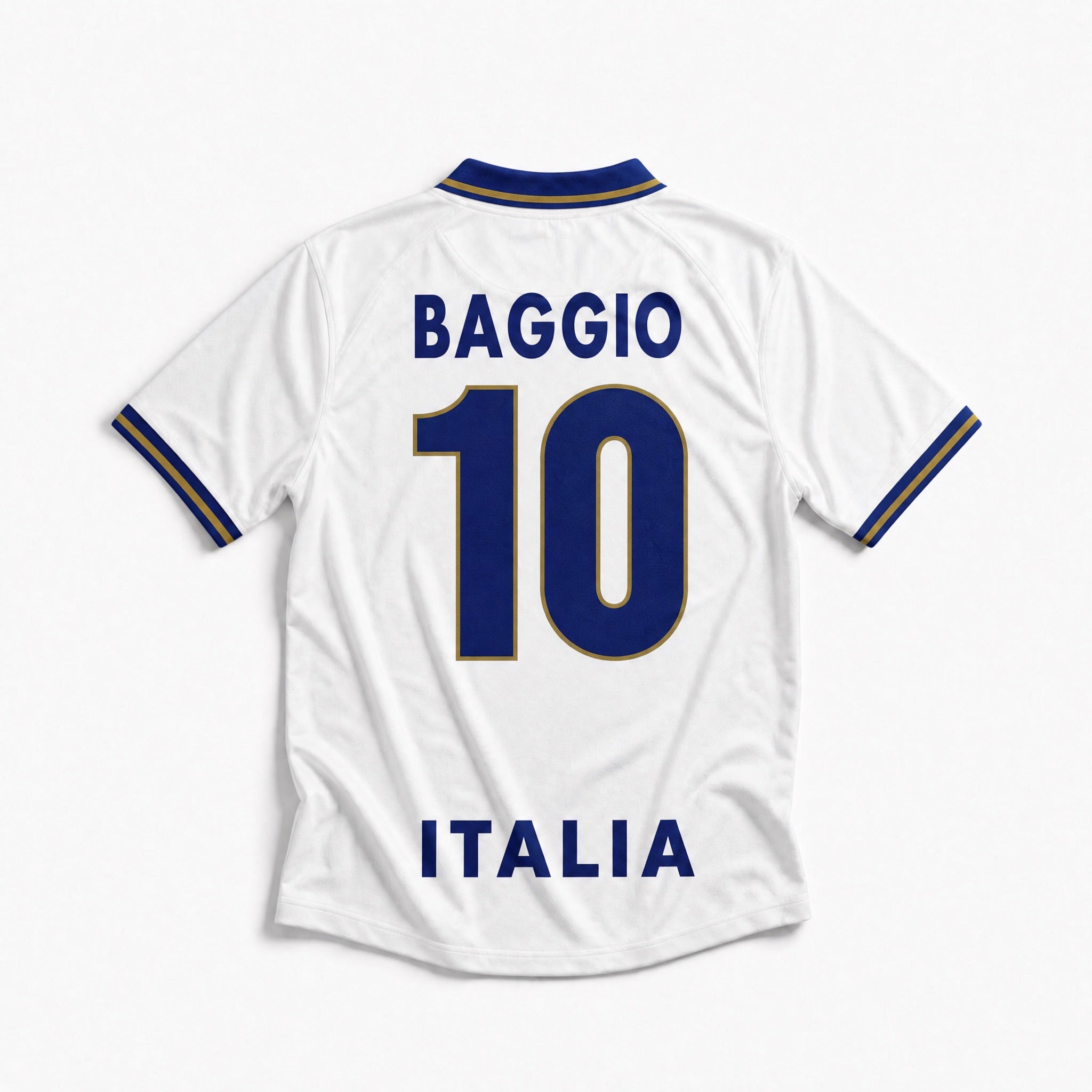 Fronte maglia away Italia 1996 con stemma FIGC e colletto azzurro/oro.