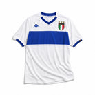 Fronte maglia away Italia 1999/00 con stemma FIGC e dettagli blu sul colletto.