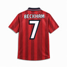 Maglia Beckham Inghilterra Away 1998 rossa vista posteriore con numero 7