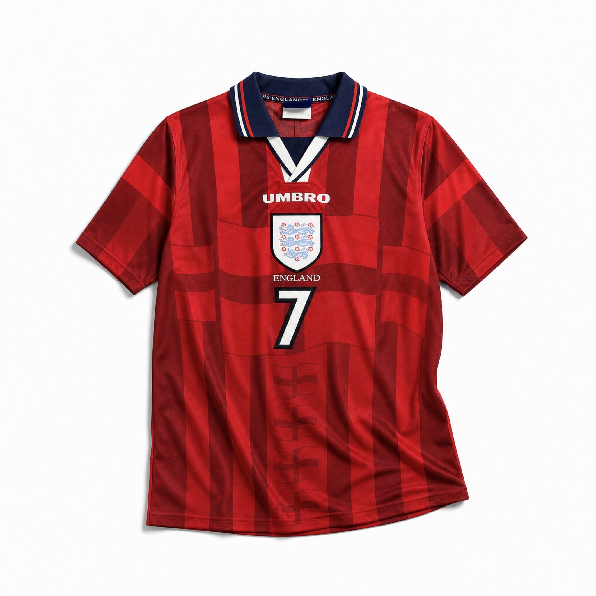 Maglia Beckham Inghilterra Away 1998 vista frontale con design a righe verticali