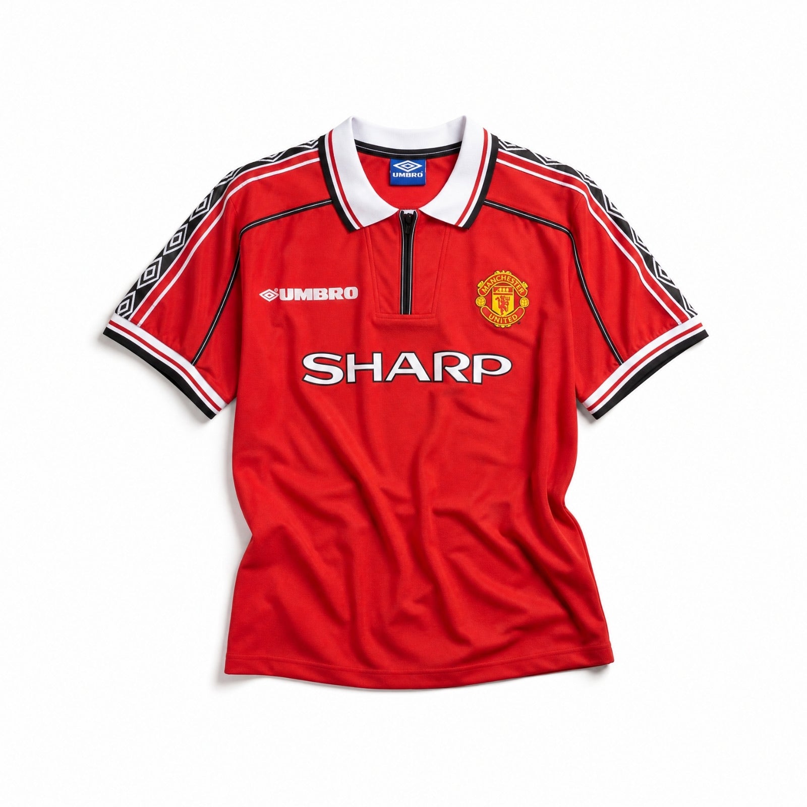 Maglia Beckham Manchester United Home 1998/99 rossa vista frontale con dettagli vintage anni '90