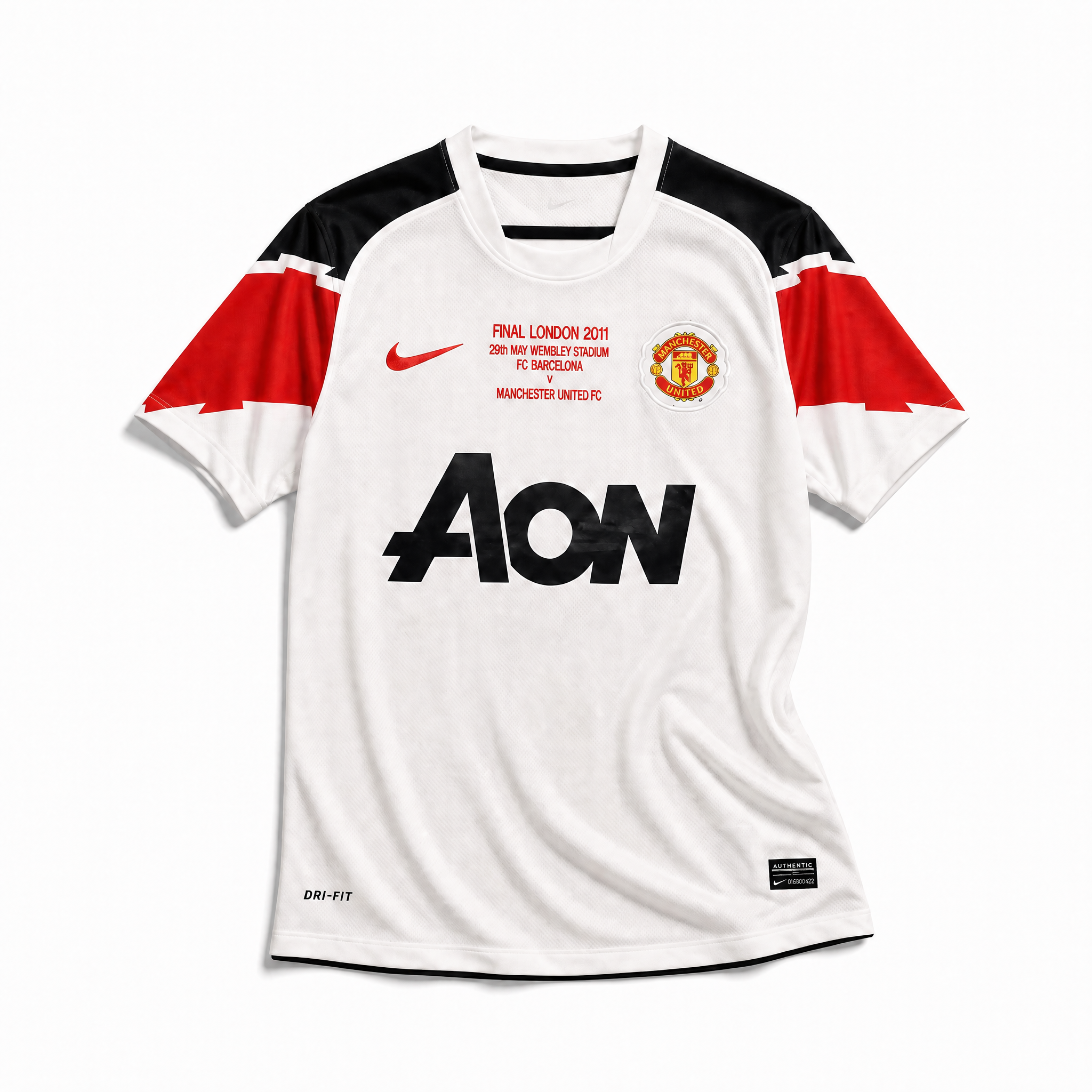 Maglia Manchester United Away 2010/11 vista frontale bianca con dettagli rossi e neri