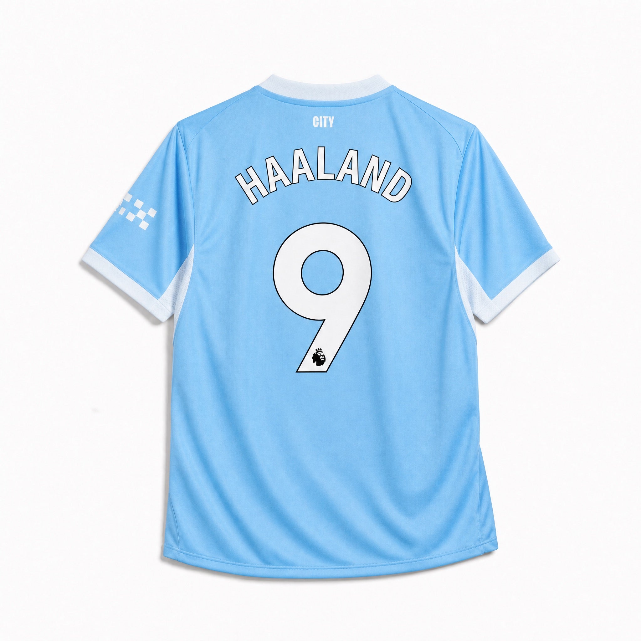 Dettaglio nome Haaland e numero 9 su maglia Manchester City azzurra 2026/27