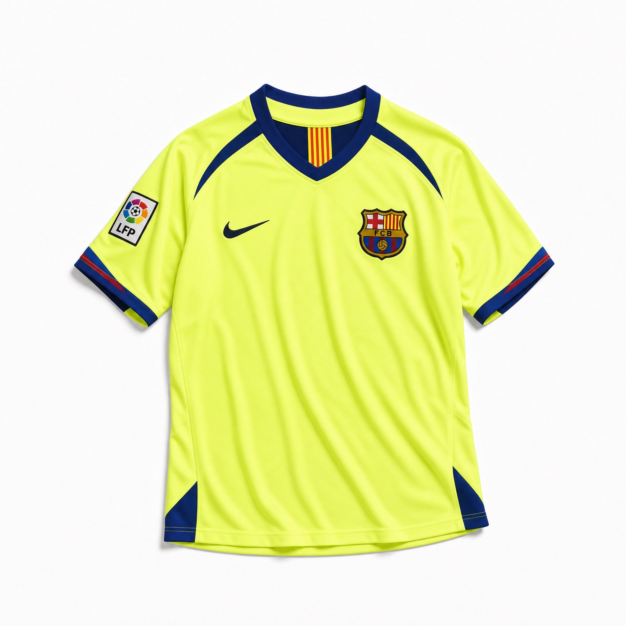 Maglia vintage Barcellona 2005/06 vista frontale colore giallo con dettagli blu rossi
