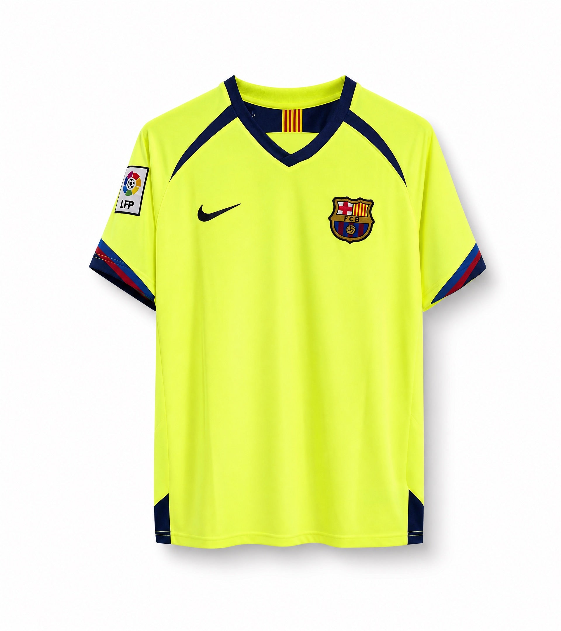 Maglia vintage Barcellona 2005/06 vista frontale colore giallo con dettagli blu rossi

