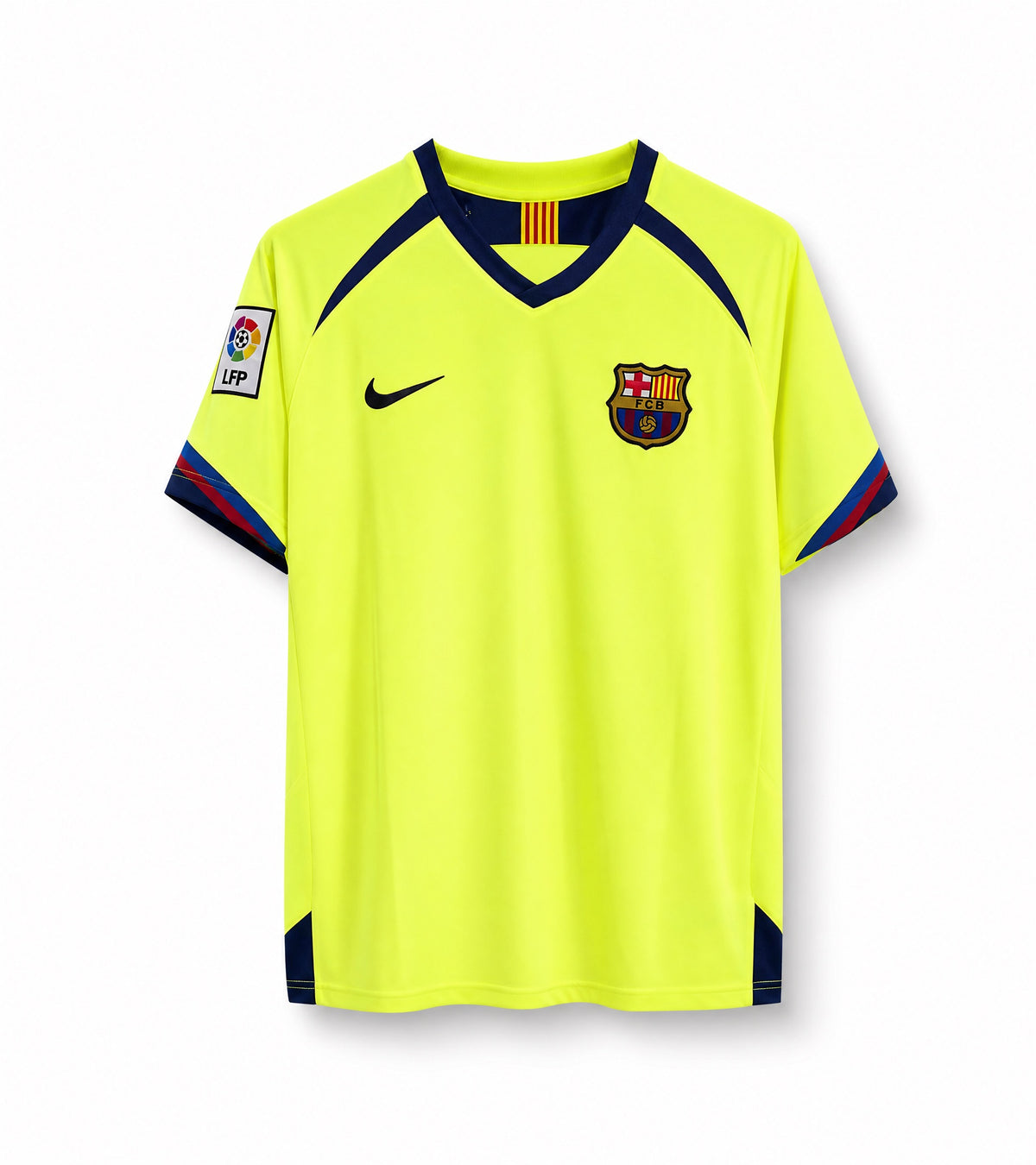 Maglia vintage Barcellona 2005/06 vista frontale colore giallo con dettagli blu rossi
