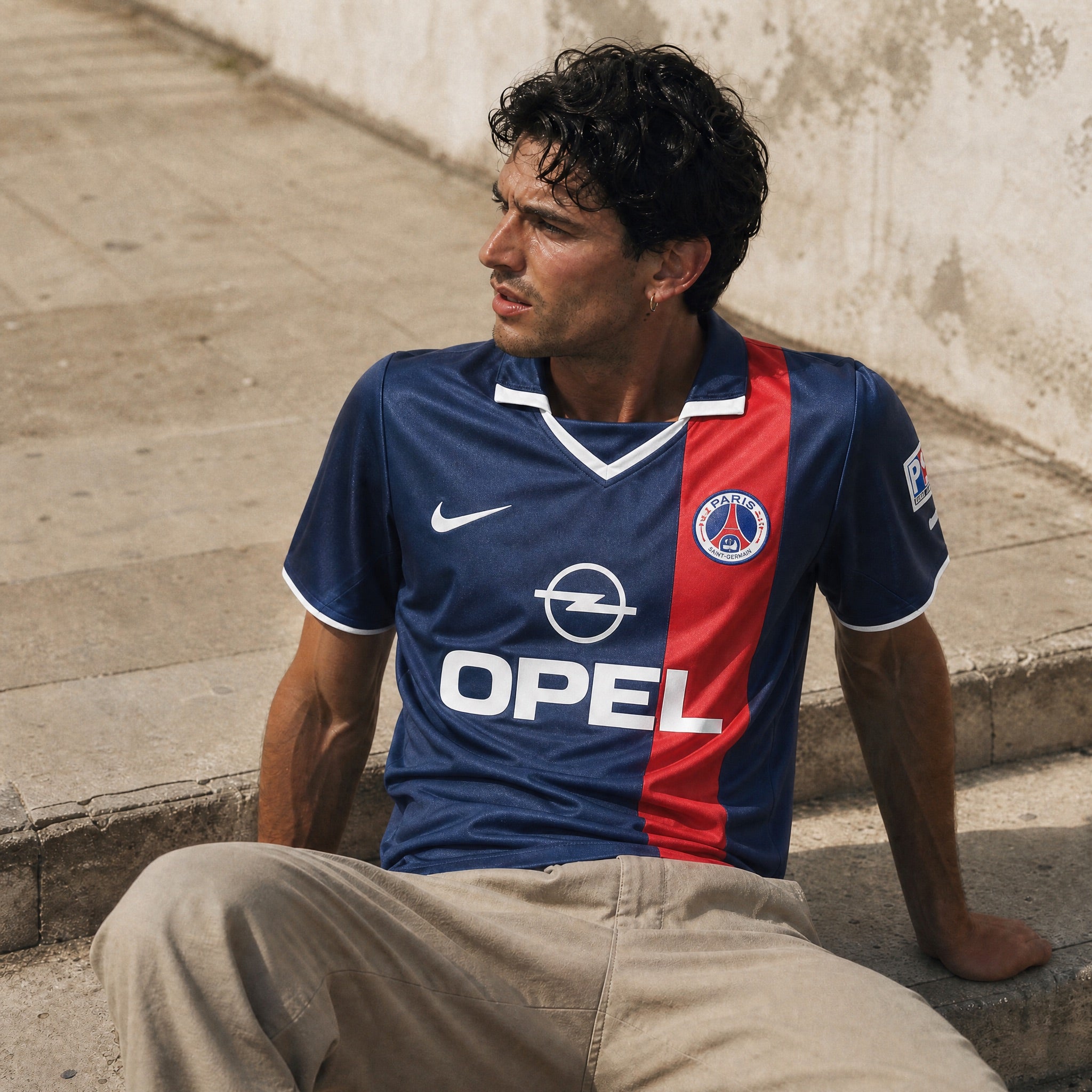 Maglia PSG home 2001/02 fronte blu con banda rossa sponsor Opel
