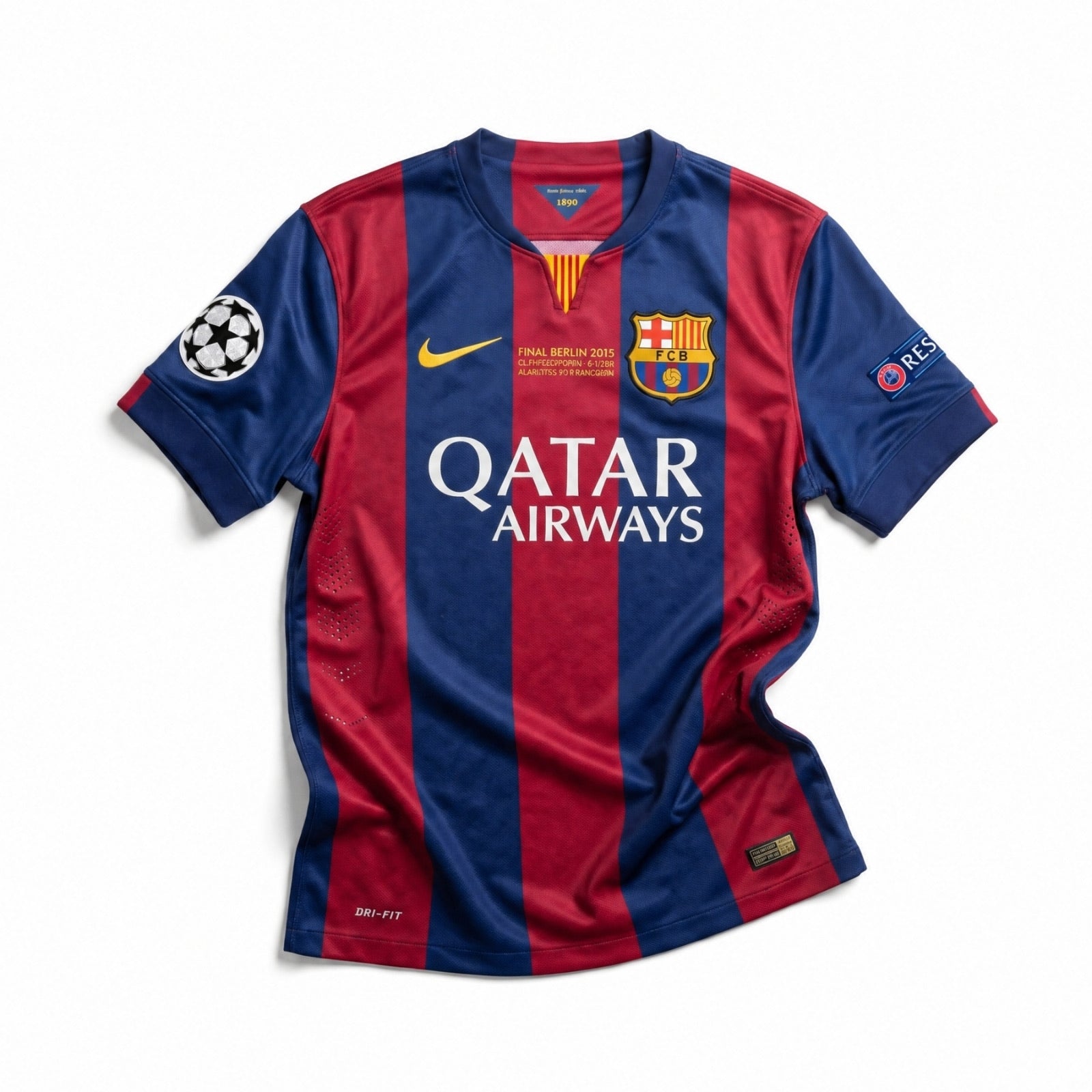 Maglia Barcellona home finale UCL 2014/15 strisce blu granata vista frontale